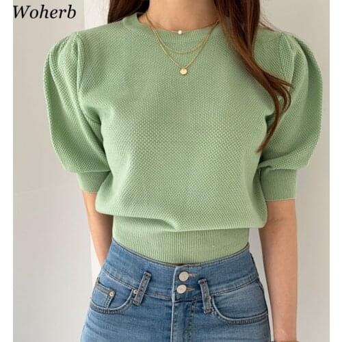 Woherb 2021 Summer Korean Chic Pullover Women Casual Short Puff Sleeve Knitwear Top Vintage All-match Jumper Sueter Mujer