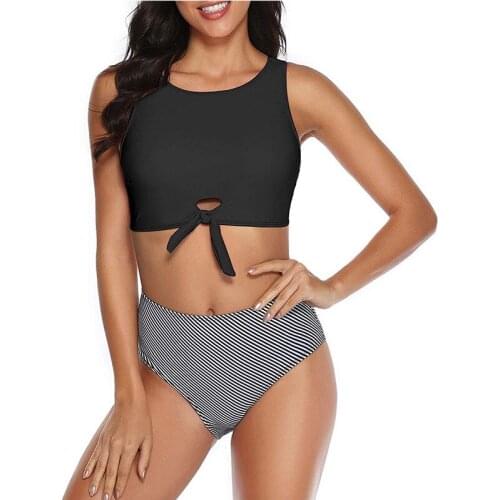 Womens High Waisted Racerback Swimsuits Solid Tankini Bikinis Set Tie Knot Front Crop Top Ruched Bottoms Two Piece Bathing Suits