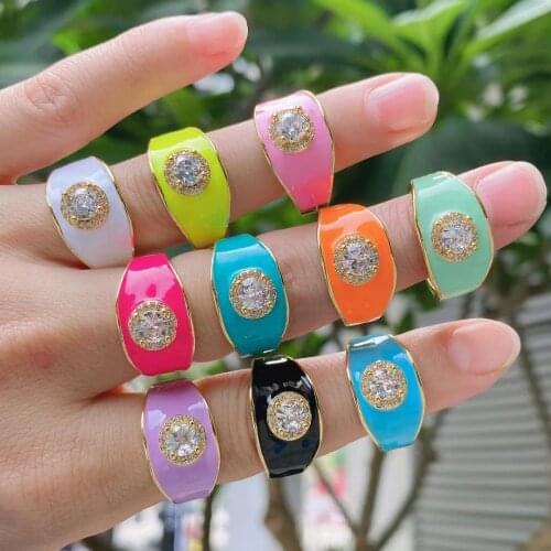 10PCS,Enamel Dripping Oil Adjustable Opening CZ Ring For Women,Wedding Engagement Jewelry Trendy Colorful Stackable Zircon Rings