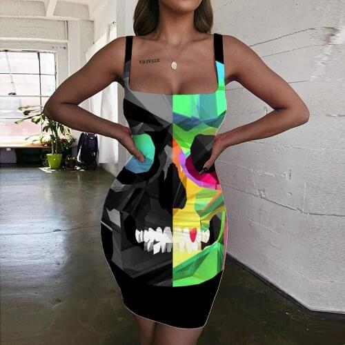 Giyu Brand Skull Dresses Women Cube Sundress Geometry Halter Sleeveless Colorful 3d Print Hip Hop Ladies Dresses Womens Clothing
