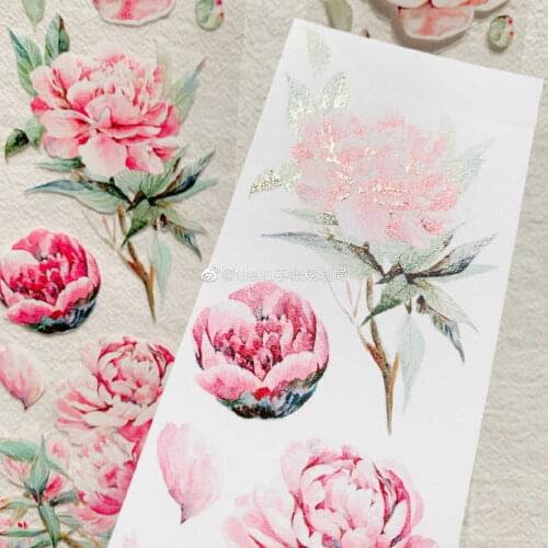 1 Loop 6.5cmx130cm Chinese Peony Flower Collage Bright Crystal Pet Washi Tape Paper