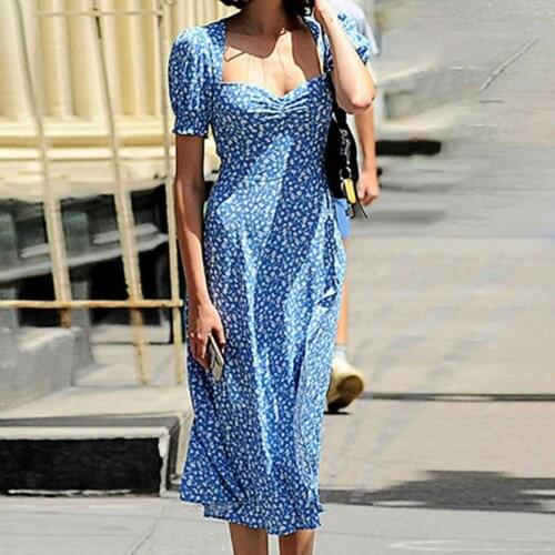 2021 Summer Women Dress Zipper Ruffle Puff Sleeve Solid Color Floral Print Dresses Sexy Side Split Plus Size drop shipping