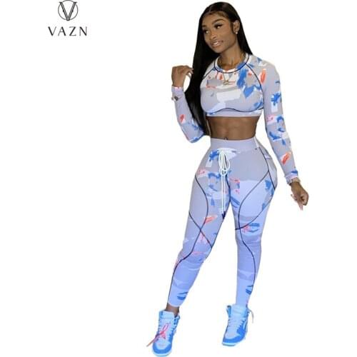 VAZN 2021 Autumn High Street Sexy Young Tracksuits Full Sleeve Top Long Pencil Pants Skinny women 2 Piece Set