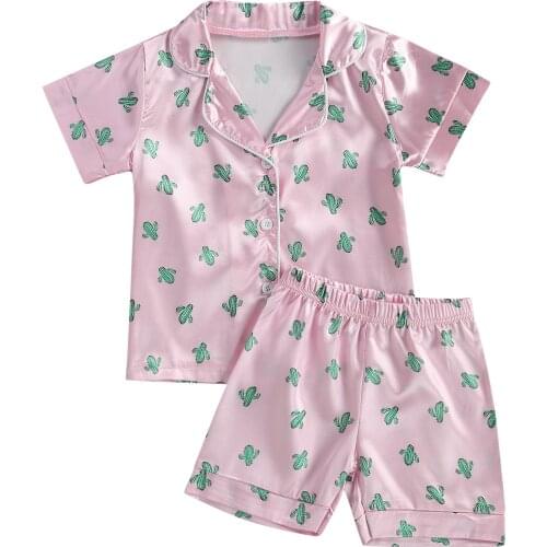 OPPERIAYA Kids Two Piece Summer lovely Pajamas Children Leisure Printed Lapel Collar Short Sleeve Shirts Elastic Waist Shorts