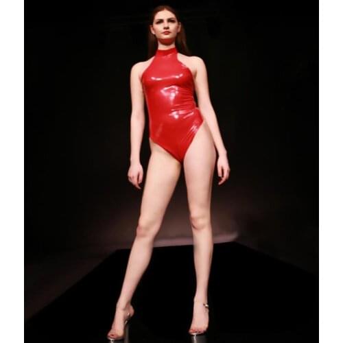 Plus Size Halter Wetlook Shiny PVC Catsuit Zipper Open Crotch Bodysuit High Cut Sexy Bikini Swimwear Monokini Bathingsuit Body