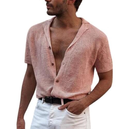 2021 Casual T shirt Male Sexy Deep V Neck Men T-shirt Solid Color Knitted Summer Short Sleeve Lapel Buttons Cardigan for Dating