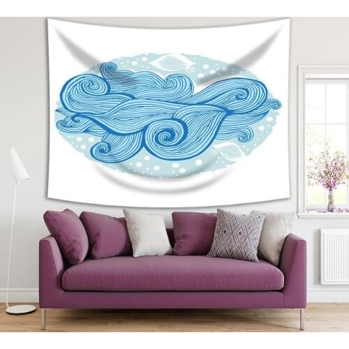 Tapestry Abstract Waves Ocean with Curvy Lines Nature Illustration Doodle Style Artwork Blue White
