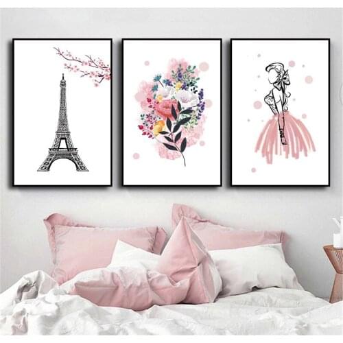 New Fashion Wall Art Painting Eiffel Tower Underwear Heels Canvas Poster Print Pink Flower Trendy Picture Beauty Room Decoration