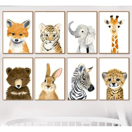 Nordic Nursery Animal Painting Cute Cartoon Watercolor Kindergarten Childrens Room Living Room Canvas Painting Animal Prints