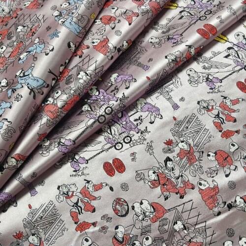 Chinese Silk Brocade Dobby Fabric Tang Costume Cheongsam Traditional Wedding Quilt Cover Cushion Pillow Pink Hundred Children