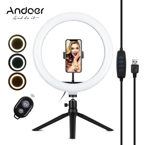 Andoer 10 Inch LED Ring Light Photography Ringlight with Phone Holder Mini Tripod Remote Shutter for Live Video Selfie Makeup