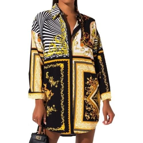 Fashion Women Button Turn Down Collar Long Sleeve Printed Blouses Loose Casual Long Shirts Top All-match Femme Shirt Dress
