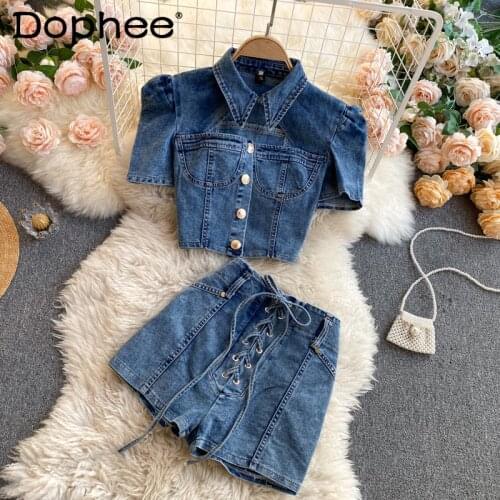 Fashion Denim Shorts Suit Womens Lapel Hollow Short Sleeve Cropped Jean Tops Girls High Waist Lace-up Hot Pants Two-Piece Suit
