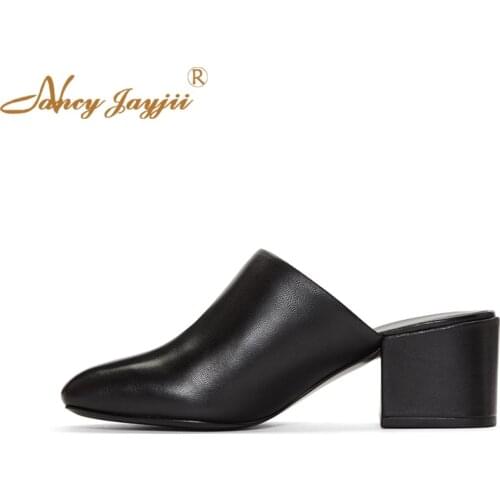 Nancyjayjii 2019 New Stylish Womens Handmade Spring Square Toe Black Leather High Chunky Heels Slippers Casual Dress Shoes 4-16