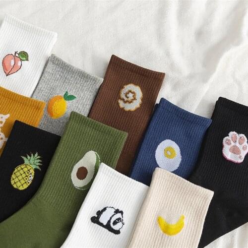 Kawaii Cartoon Fruit Food Print Socks For Women Harajuku Fashion Creative Banana Avocado Fried Egg Funny Korean Casual Sock