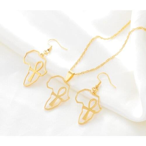 Anniyo Africa Map & Ankh Pendant Necklace Women Girl Gold Color Jewelry African Nile Key Chains Egyptian Symbol Cross #154621