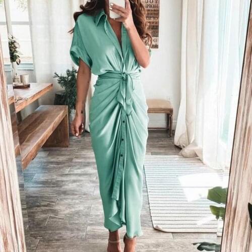 Fashion Women Dress Solid Color Belt Summer Short Sleeve Lapel Buttons Dress Lace up Waist Length Dress Sundress party Street
