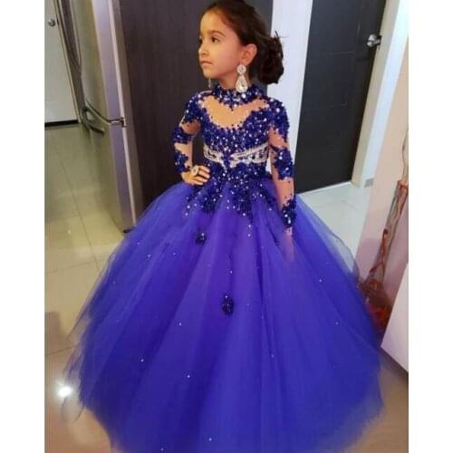 Blue Girls Pageant Dresses For Weddings Ball Gown Long Sleeves Tulle Beaded Long Flower Girl Dresses For Little Girls