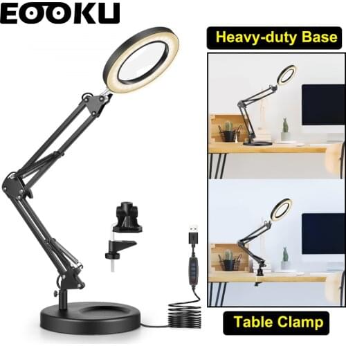 EOOKU 8W USB LED Folding Table Lamp Round Chassis & Table Clamp 3-Color LED Lights Professional Reading/Working/ Beauty Lamp