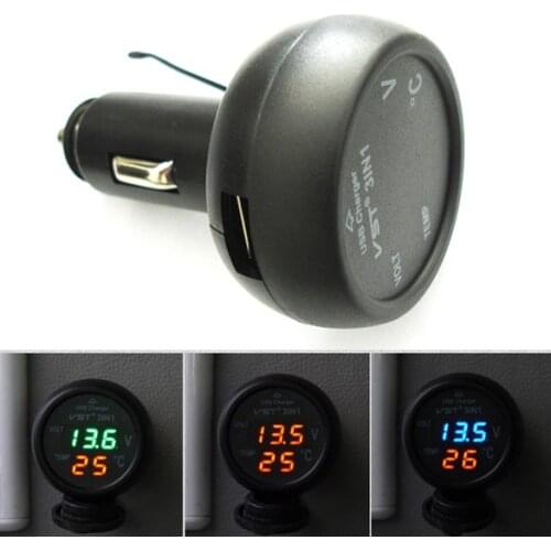 Universal Auto 3in1 LED Digital Voltmeter Gauge Thermometer 12/24V Cigarette Lighter USB Car Charger Accessories