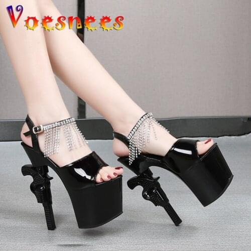 Voeseees Brand 2021 Gun heel Womens shoes Sexy Heels Platform Diamonds Fringe Platform Stripers Dance Sandals Sexy Girls Shoes