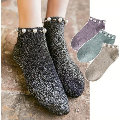 High Quality New Stylish Trendy Retro Fashion Modern Woman Girl Lady Glitter Shiny Pearl Socks Thin Bead Gauze Meias Ankle Sox