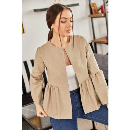 Women Beige Waist And Sleeve Shirred Jacket