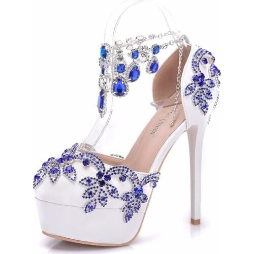 Women sandals wedding Party PU Rhinestones Buckle Strap 14CM Thin High heels Round Toe zapatos de mujer women shoes size 35-42