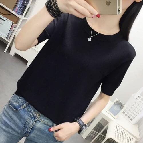 2021 New Summer Women Korean Style O-Neck Loose Solid Jumper Tees Female Ice Silk All-match Short Sleeve Knitted T-Shirt A17