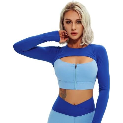 Women Zipper Crop Top Sports Long Sleeve Tight Contrast Stitched Yoga Tops Outdoor Running Fitness T-shirts Workout Shirts
