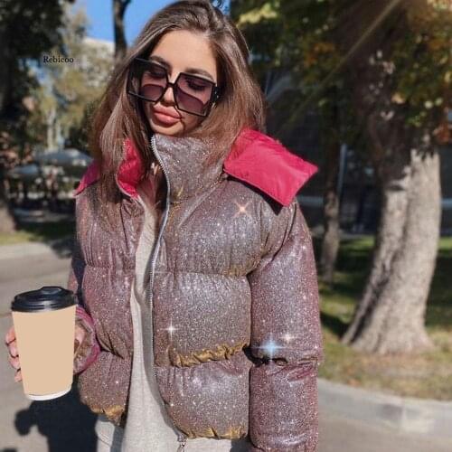 Women Coat Glitter Reflective Puffer Hooded Jacket Parka Coat Jacket Women Winter Coat Hoodies Bubble Crop Overcoat Streetwear