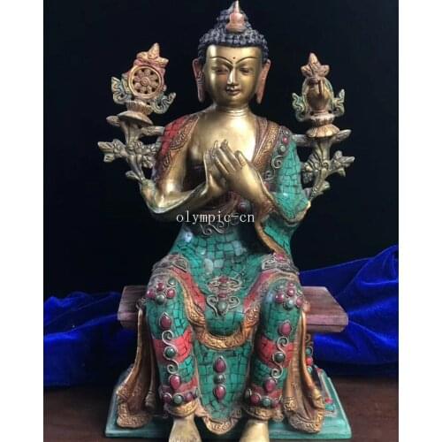 14''Nepal tibet bronze gold inlay Turquoise coral green red gem tathagata buddha