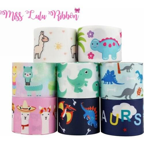16mm-75mm Cartoon Animal Ribbon Alpaca Dinosaur Grosgrain Ribbon For Handmade Bowknot Material Elastic Head Rope 50 Yards