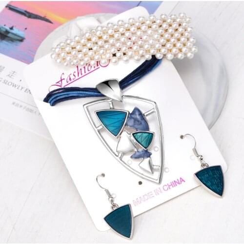 3pcs/set Leather Rope Chain Enamel Geometric Pendant Necklaces + Drop Earrings + Pearl Hair Clip Wedding Bridal Jewelry Sets