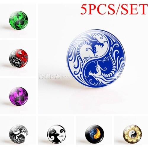 5PCS/SET Couple Dragon Yin Yang Jewelry Findings DIY Pendant Glass Dome Cabochon 25MM Handmade Accessories