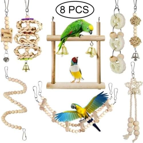 8 Packs Bird Swing Chewing Toys Parrot Hammock Wooden Beads Ball Bell Toys For Parakeets, Cockatiels, Conures Bird Accessories