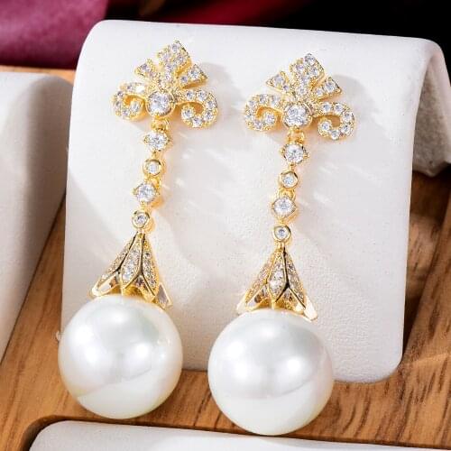 Brand Luxury Sparkling Big Pearl Dangle Earrings For Women Nigerian Style Full Cubic Zirconia Dangle Drop Earring Jewelry