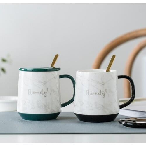 Europe Mug Nordic Coffee Cup With Lid Marbled Ceramic Water Cup Large Capacity Breakfast Milk Tea Juice Spoon Drinkware