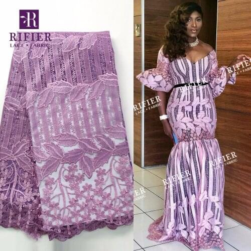 Purple Color Beads Net Lace Fabric Embroidered Net 2019 High Quality Lace French Mesh Nigerian Lace Fabrics for Wedding Dresses