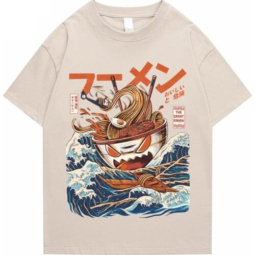 Japanese Harajuku T-Shirt Men 2021 Summer Hip Hop T Shirts Noodle Ship Cartoon Streetwear Tshirts Short Sleeve Casual Top Cotton