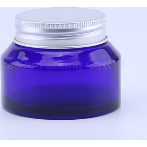 200pcs 50g blue Glass Cream Jars Cosmetic Packaging with lid plastic caps & inner liners round empty small glass jars