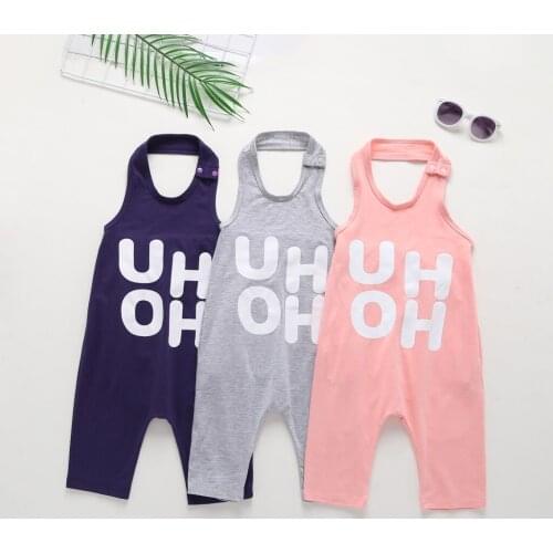 Lioraitiin 0-6Years Toddler Baby Boy Girl Children Halter Neck Jumpsuit Letters Printed Pattern Sleeveless Navy/ Pink/ Grey