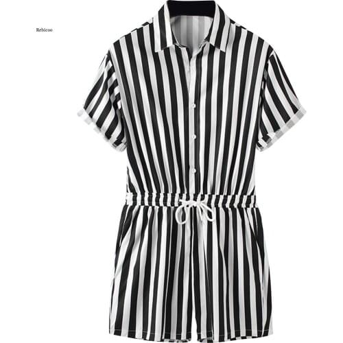 Mens Short Sleeve Striped Printed Button Shorts Rompers Turn Down Collar Jumpsuit Drawstring Casual Playsuit Summer New