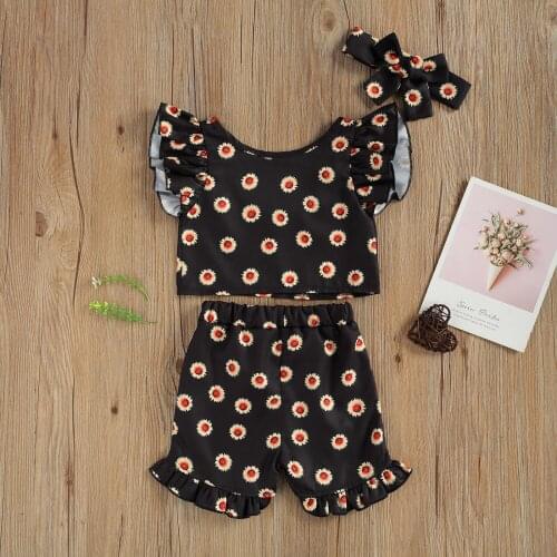 Girls Two-Piece Floral Printed Clothes Set Black Pattern Round Collar Tops + Elastic Waist Shorts Spring/ Summer Casual/ Cute