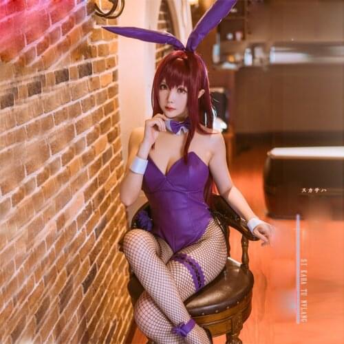 Fate Grand Order Game Cos FGO Scathach Cosplay Costume Bunny Girl Sexul Jumpsuit with Purple Rabbit Hair Band Fishnet Stocking