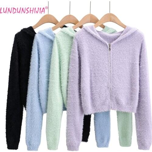 LUNDUNSHIJIA 2020 Spring Autumn Women Knitting Zipper Hooded Cardigan Sweaters Ladies Slim Mohair Outwear Cardigans