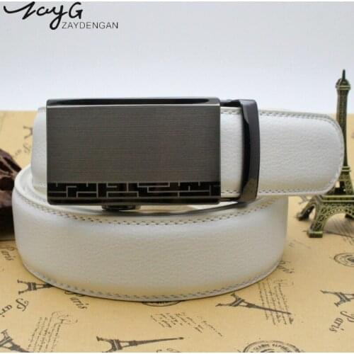 ZAYG Mens High Quality White Belt Mens Metal stripes Automatic Ratchet Buckle Belt Business Fashion Vintage Buckle Belt Jeans