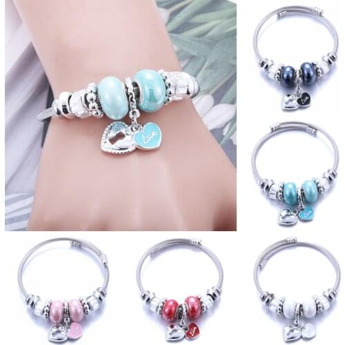 2020 NEW Trendy Silver Color Beads Charms Bracelet Heart Crystal Charm Bracelet Bangle Luxury Jewelry Gifts for women
