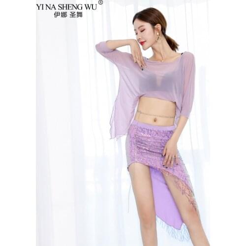 Belly Dance Summer New Practice Clothes Suit Mesh Sequined Costume Sexy Top+Split Skirt Oriental Dance Beginner Wear Female Sets