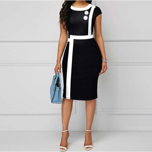 OTEN Womens Elegant Round Neck Button Stitching Contrast Patchwork Slim Knee-length Pencil Sheath Bodycon Dress Robe Vestidos